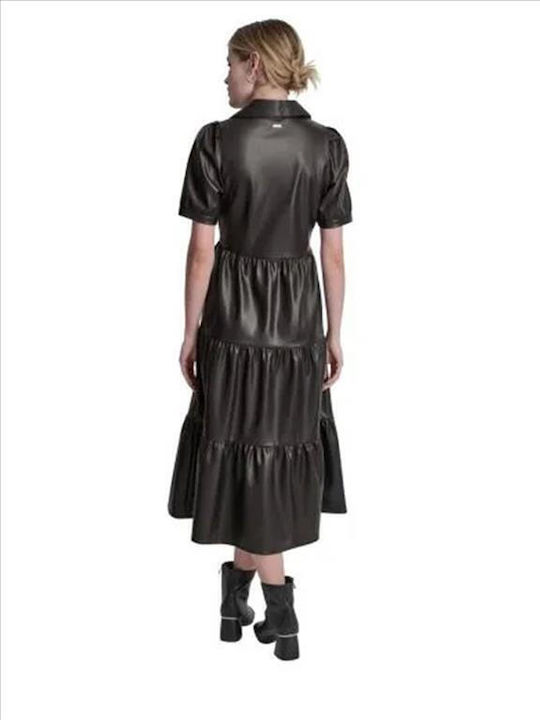 Midi Shirt Dress Leather Black