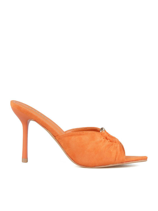 Suede Mules With High Heel In Orange Colour