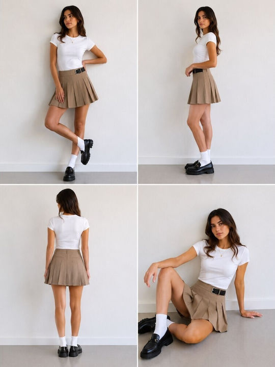 Plissierte Hohe Taille Mini Damenrock Beige