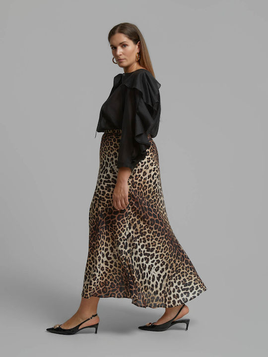 Сатен Висока Талия Midi Дамска Пола Леопардов Animal Print