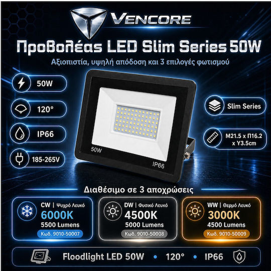 VenCore Proiector LED Etanș 50W Alb Rece 6000K IP66