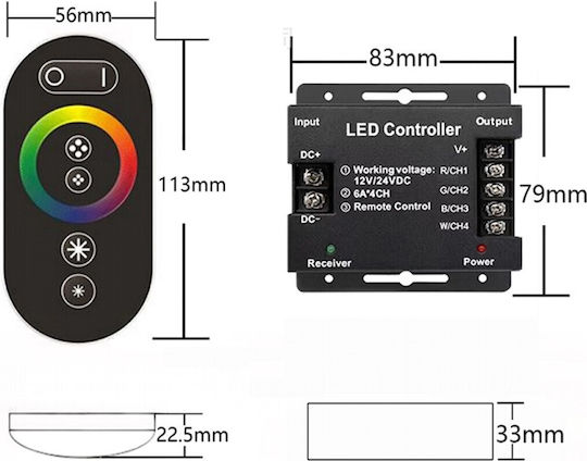 Vencore 6613-10009 Rgbw Controller 12-24v 216-432w Rf Remote Ασύρματο Controller Rgbw Rf Χειριστήριο 12 Volt 216 Watt & 24 Volt 432 Watt Μέγιστο Φορτίο 6613-10009