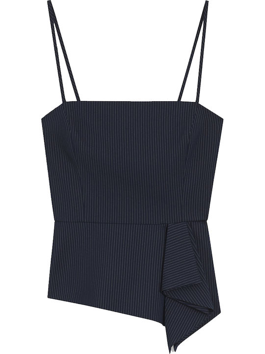 Women's Sleeveless Drape Striped Navy Blue Blouse