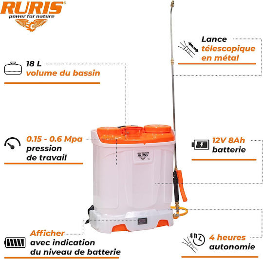 Ruris Rse 1900s Pulverizator Cu Rucsac Electric 18 L Baterie 12v 8ah Presiune 6 Bar Lance Telescopic