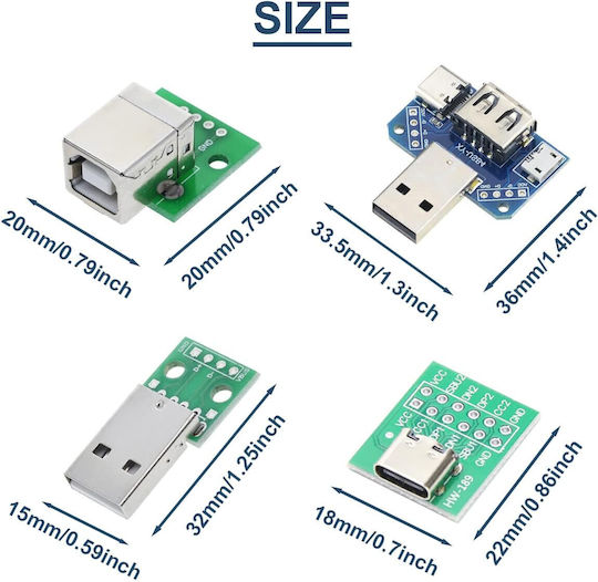 Kit Adaptor Daokai Usb la Dip 8 Piese Usb Type-C Usb Type-B Usb 2.0 Usb 3.0 Micro Usb Mini Usb Convertor 4 în 1 Conectori Pin 2.54 Mm Arduino Diy Prototipare