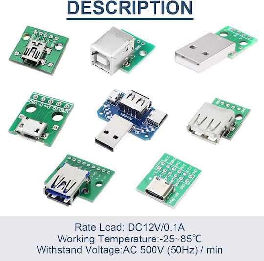 Kit Adaptor Daokai Usb la Dip 8 Piese Usb Type-C Usb Type-B Usb 2.0 Usb 3.0 Micro Usb Mini Usb Convertor 4 în 1 Conectori Pin 2.54 Mm Arduino Diy Prototipare