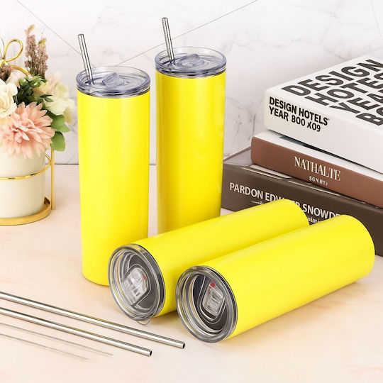 Koupakoupa Basket Net Thermos Stainless Steel BPA Free 600ml Neon Yellow with Straw and Handle