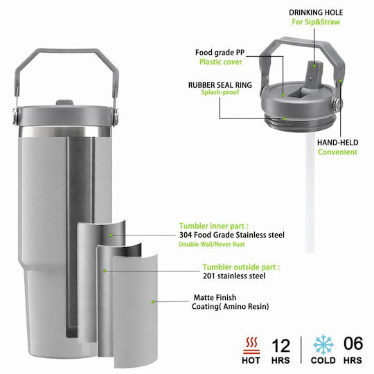 Koupakoupa Catzilla Thermos Stainless Steel 890ml Grey with Straw and Handle