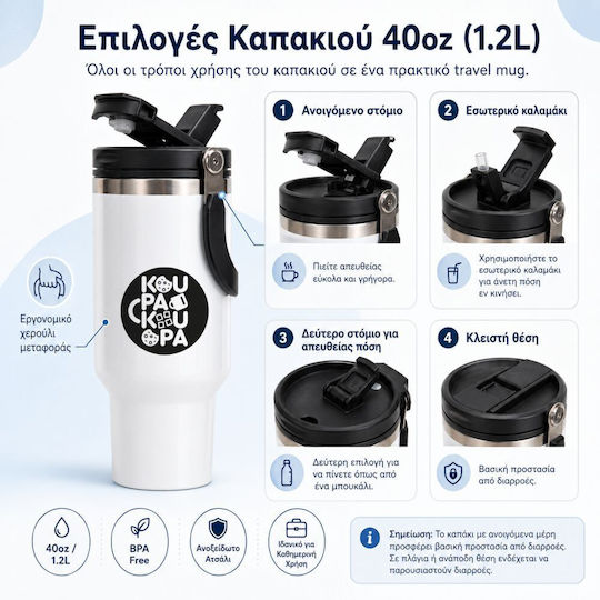 Koupakoupa Basket Net Thermos Bottle Stainless Steel / Plastic BPA Free 1.2L Brown with Straw and Handle