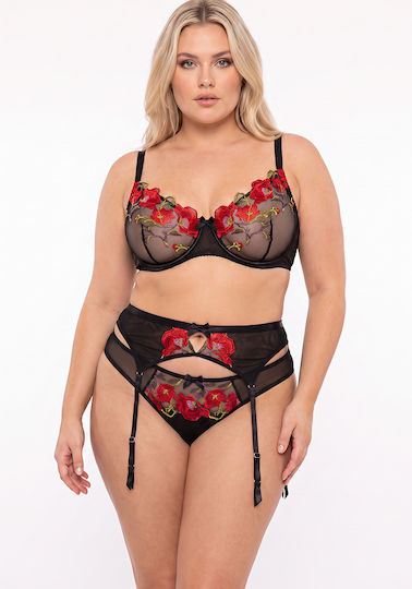 Set Plus Size Sutien String Chilot Jartieră Ciorapi Roșii