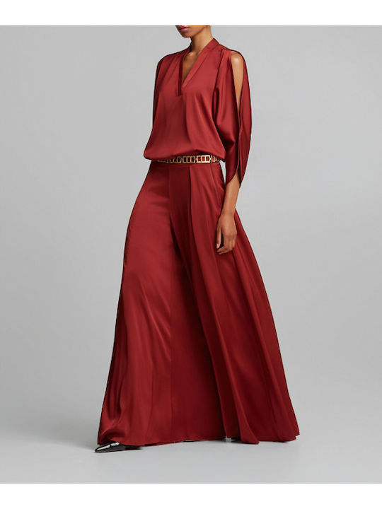 Women's Dark Red Set with High Waisted Trousers