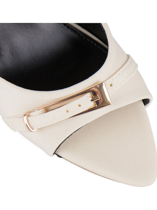 Satin Mules With High Heel In Beige Colour