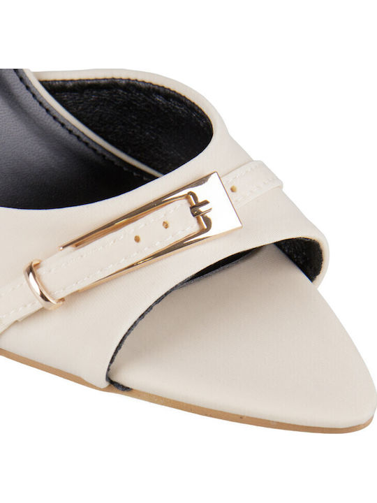 Satin Mules With High Heel In Beige Colour