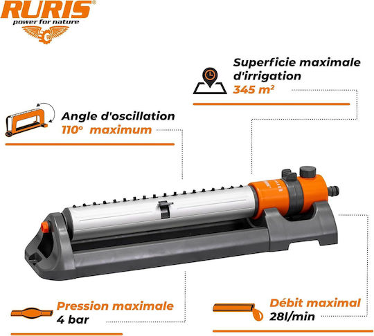 Ruris Os345 – Oscillating Garden Sprinkler 345 M² 18 Adjustable Nozzles 110° Angle Adjustable Flow