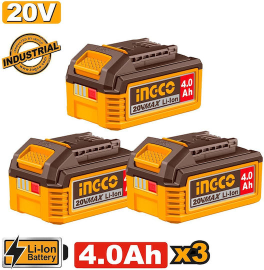 Ingco Set 3 Lithium Werkzeugbatterien 20V mit Batteriekapazität 4Ah