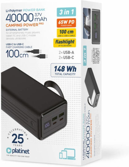 Platinet Power Bank 40000mAh 65W mit 2 USB-A Ausgangsanschlüsse und 2 USB-C Ausgangsanschlüsse Power Delivery Schwarz
