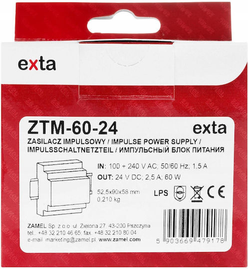 Th-35 Din 60w 24v Dc Rail Mounted Switching Power Supply Type Ztm-60/24 Ext10000284