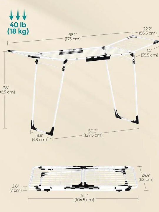 Songmics Uscător de Rufe Pliabil de Pardoseală Inox cu Lungimea Suportului de Uscare a Hainelor 18m