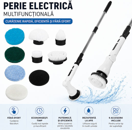 Perie electrică de curățare rotativă Zola 25W reîncărcabilă 8 accesorii mâner telescopic 110-136 cm albă