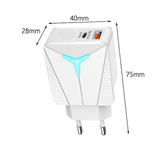 Andowl Încărcător Fără Cablu cu Port USB-A și Port USB-C 20W Alb (14889)