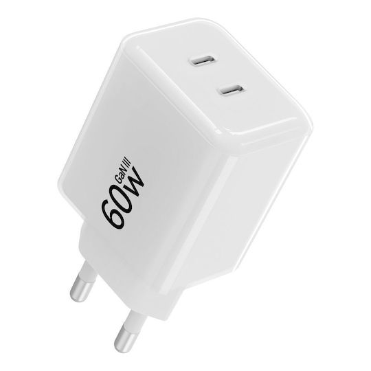 Forcell GaN Charger with 2 USB-C Ports and USB-C - USB-C Cable 60W Power Delivery / Quick Charge 4.0 White (F-Energy)