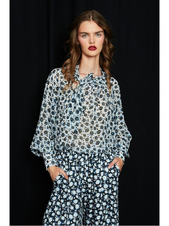 Women's Blouse with Neck Tie Floral White