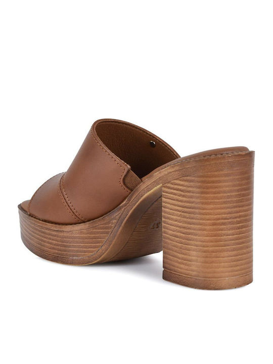 Leather Mules with Chunky High Heel in Tabac Brown Color