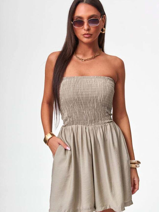 Damen Trägerloses Jumpsuit Kurze Hosen Beige Dunkel