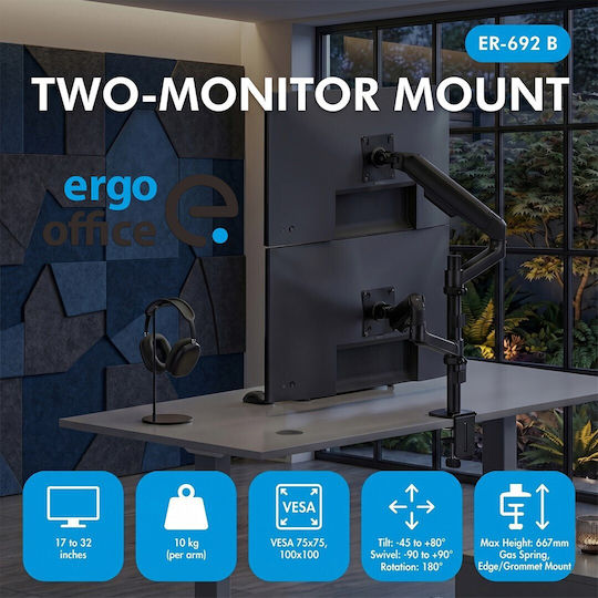 Ergo Office ER-692 Desk Mount for 2 Monitors up to 32" with Arm