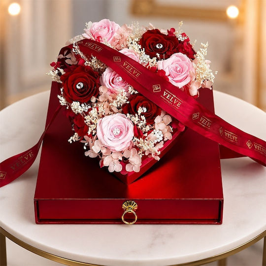 Premium Luxury Set Heart Arrangement 7 Cryogenated Roses Fine Scarf Tennis-style Jewelry Set In A Red Box Plexiglass