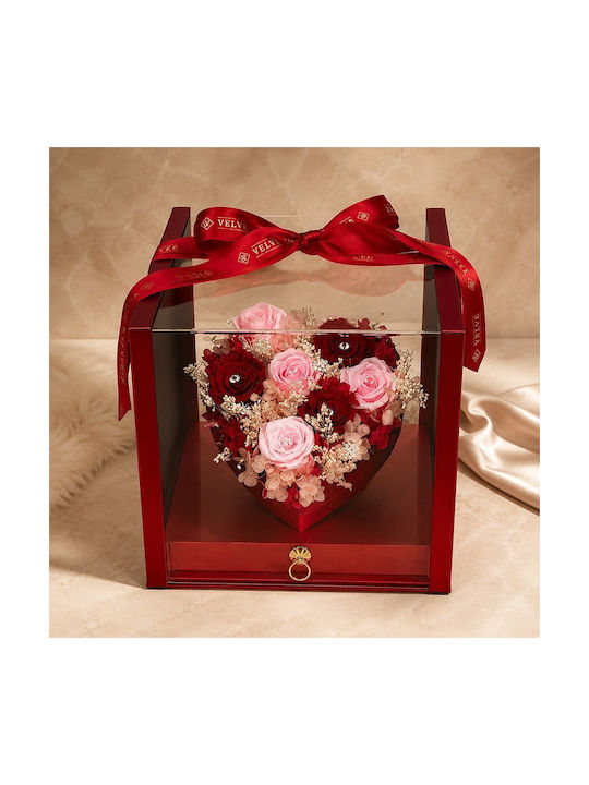 Aranjament Floral De Lux În Formă De Inimă 7 Trandafiri Criogenați Cristale În O Cutie Roșie Sertar Plexiglas