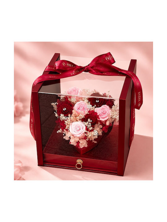 Aranjament Floral De Lux În Formă De Inimă 7 Trandafiri Criogenați Cristale În O Cutie Roșie Sertar Plexiglas