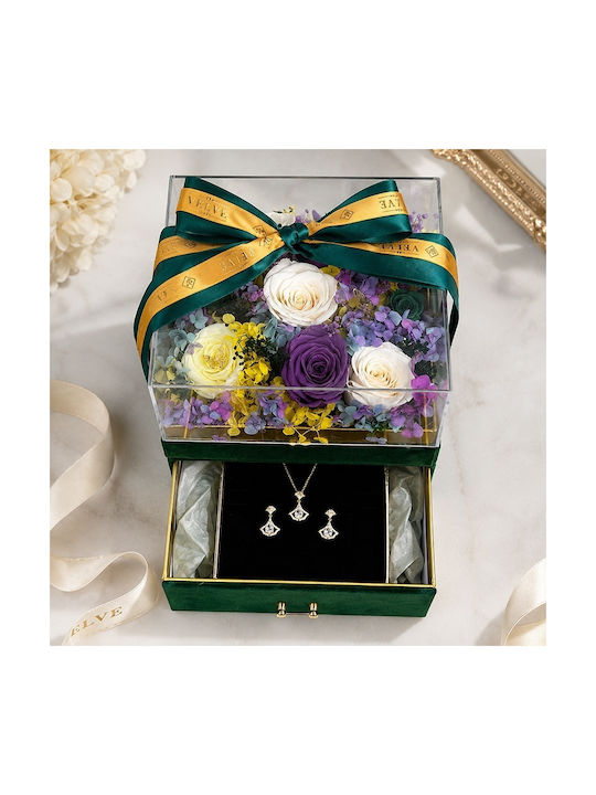 Set De Lux Premium 11 Trandafiri Criogenați Set De Bijuterii Cu Zirconiu În Cutie Pătrată Verde Din Catifea Sertar Plexiglas