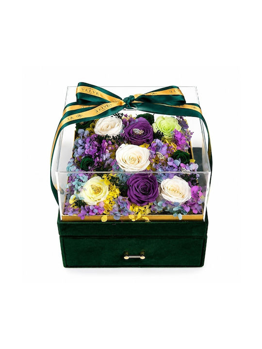 Set De Lux Premium 11 Trandafiri Criogenați Set De Bijuterii Cu Zirconiu În Cutie Pătrată Verde Din Catifea Sertar Plexiglas