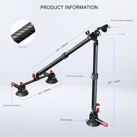Neewer Ca136 Suport Auto Cu Trei Ventuze Sistem De Montare Pentru Cameră De Acțiune Compatibil GoPro Insta360 DJI Șină Nato Brațe Extensibile Din Fibră De Carbon Până La 60 Cm Sarcină Maximă 1 Kg Adaptor 1/4” Vlogging Pov Filmare Cod Produs 4307
