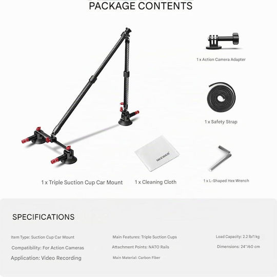 Neewer Ca136 Suport Auto Cu Trei Ventuze Sistem De Montare Pentru Cameră De Acțiune Compatibil GoPro Insta360 DJI Șină Nato Brațe Extensibile Din Fibră De Carbon Până La 60 Cm Sarcină Maximă 1 Kg Adaptor 1/4” Vlogging Pov Filmare Cod Produs 4307