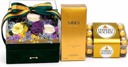 Premium Luxury Set 11 Cryogenated Roses Louis Varel Vibes 100 Ml Perfume Ferrero Rocher Pralines In A Green Velvet Square Box Drawer Plexiglass