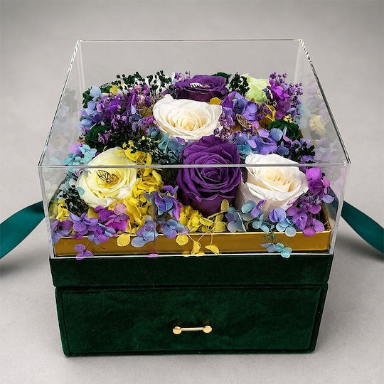 Premium Luxury Set 11 Cryogenated Roses Louis Varel Vibes 100 Ml Perfume Ferrero Rocher Pralines In A Green Velvet Square Box Drawer Plexiglass