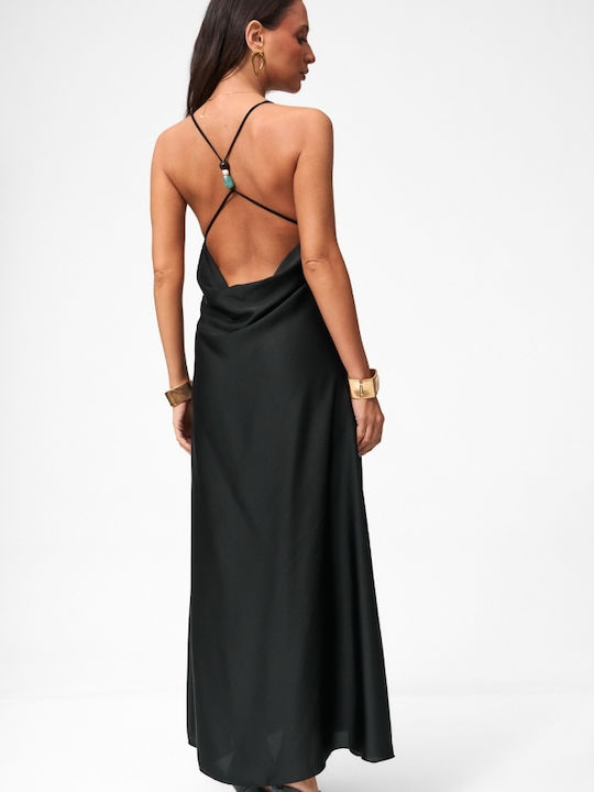 Maxi Evening Satin Open Back Black Dress
