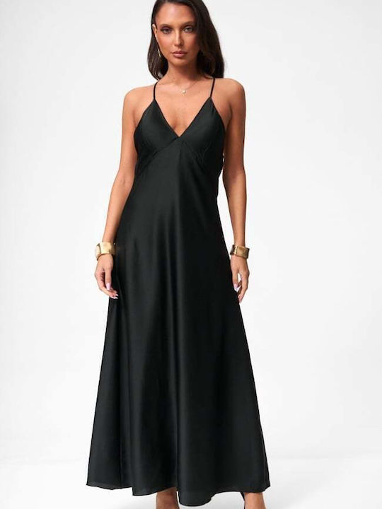 Maxi Evening Satin Open Back Black Dress