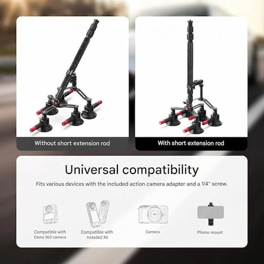 Neewer Suport Auto 5 în 1 cu Ventuză Compatibil cu Insta360 X5 X4 X3 X2 GoPro Max DJI Osmo 360 Braț Extensibil 40–99 Cm Articulație 360° Eliberare Rapidă Montare pe Parbriz și Caroserie Vlogging Filmare