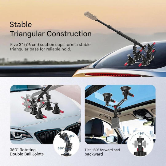 Neewer Suport Auto 5 în 1 cu Ventuză Compatibil cu Insta360 X5 X4 X3 X2 GoPro Max DJI Osmo 360 Braț Extensibil 40–99 Cm Articulație 360° Eliberare Rapidă Montare pe Parbriz și Caroserie Vlogging Filmare
