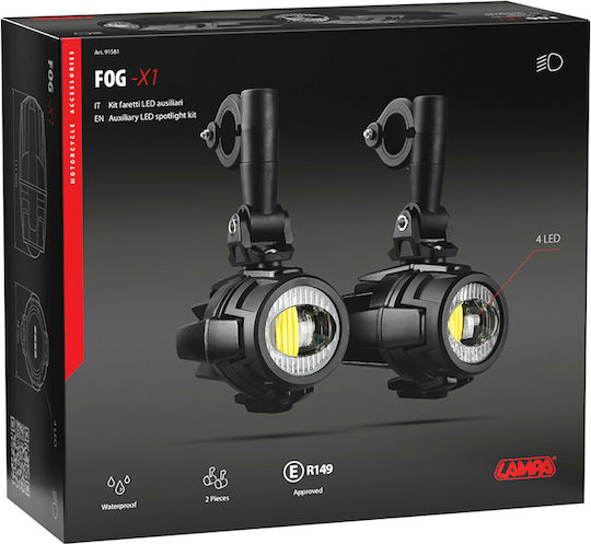 Lampa Lampa Moto Fog Lights Fog-X1 12V 20W 2123Lm 6000-6500K Φ76mm 4 LED Waterproof IP68 Wiring Mounts Φ24-26mm Set 2 Pcs 9158.1-LM 9158.1-LM