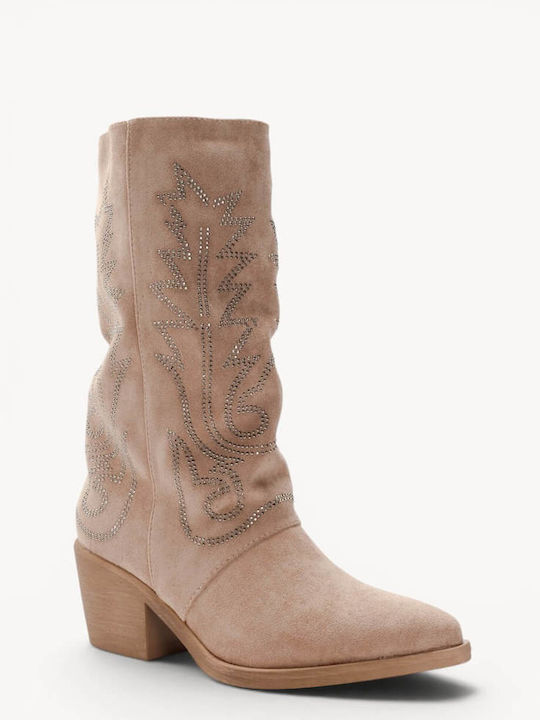 Beige Western Boots Suede Strass Low Heel