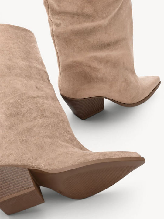 Beige Boots Pointed Toe Thick Heel