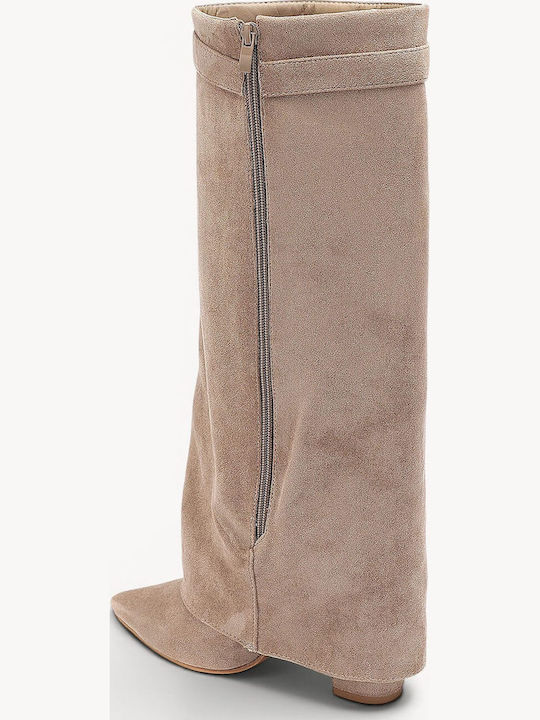 Beige Pointed Boots Suede Decorative Buckle