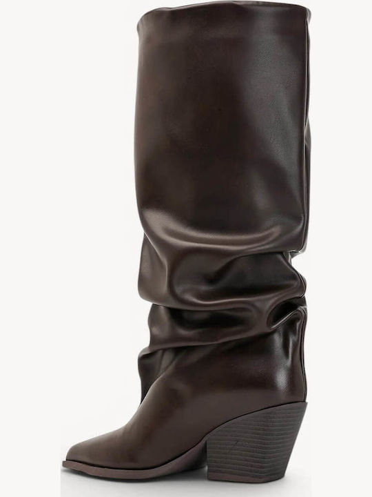 Brown Boots Ruched Pointed Toe Thick Heel