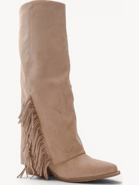 Beige Cowboy Boots Suede Fringes High Heel