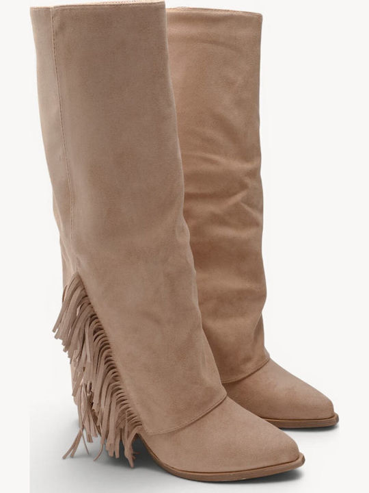 Beige Cowboy Boots Suede Fringes High Heel