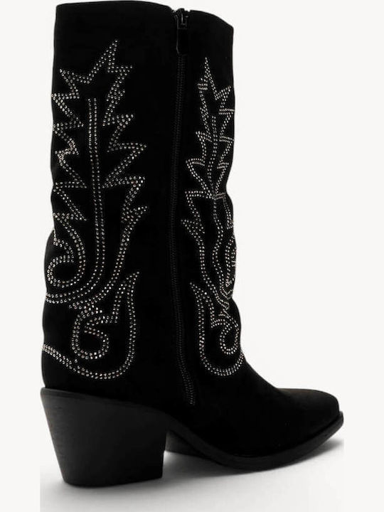 Black Western Suede Boots with Strass Low Heel
